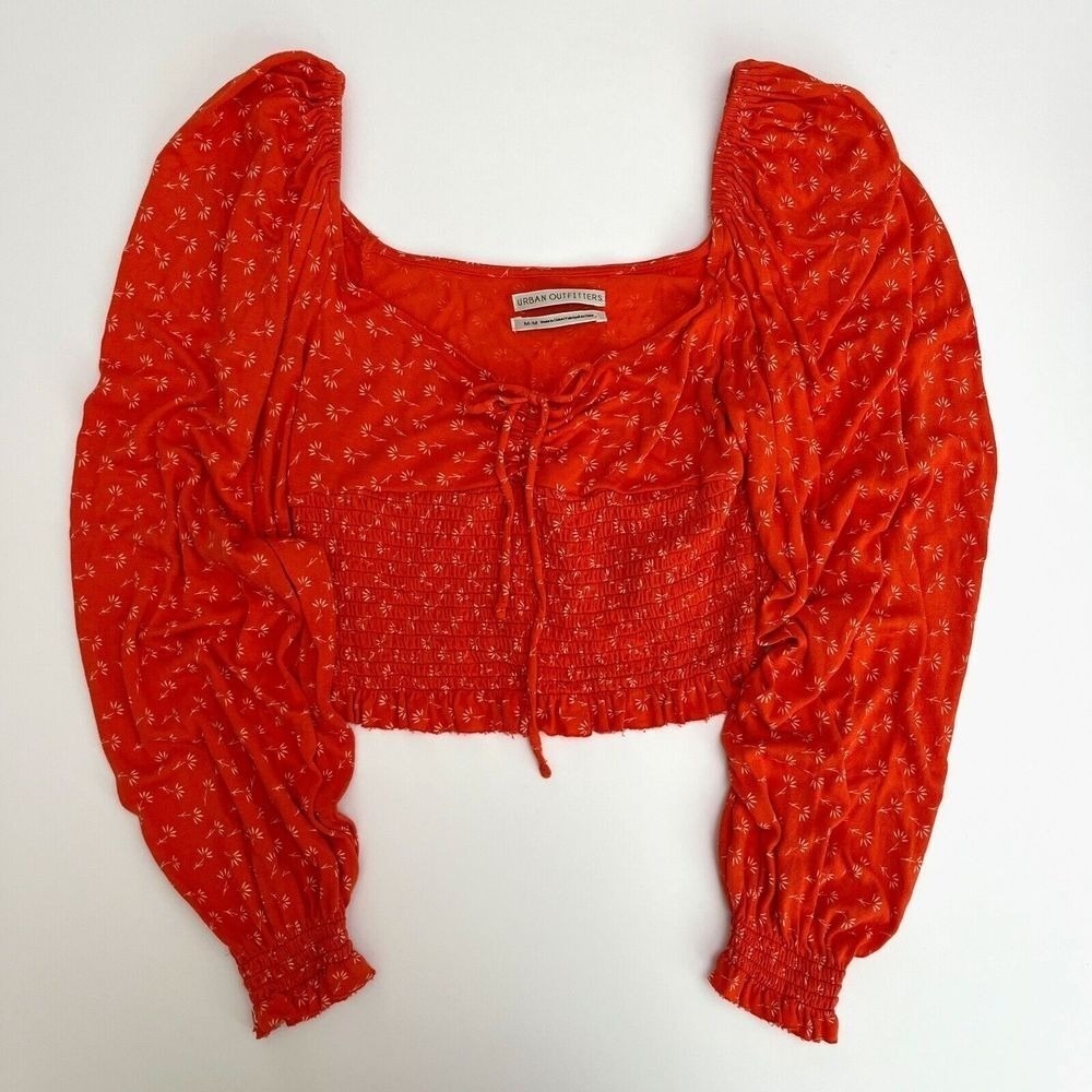 Urban Outfitters Orange Floral Puffy Sleeve Stretchy Crop Top, Long Sleeve N7